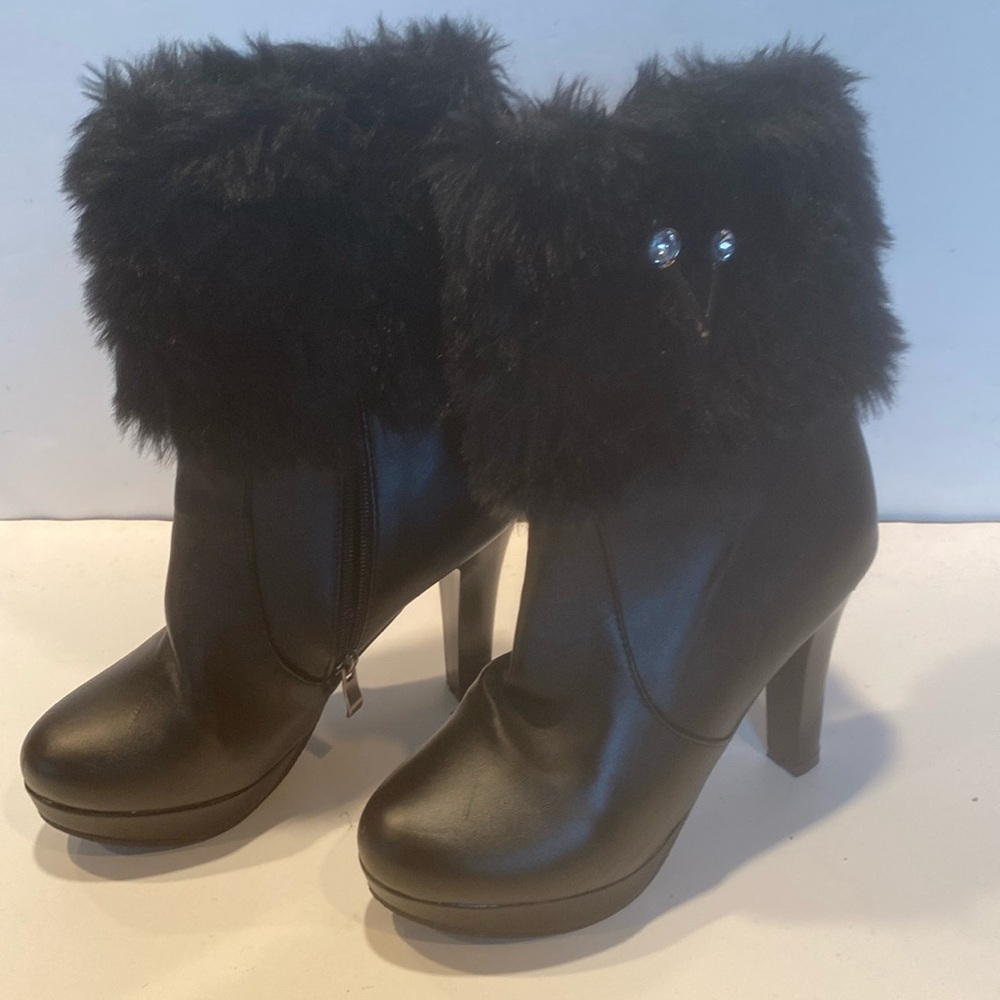 Meechi Black Faux Leather High Heel Platform Bootie